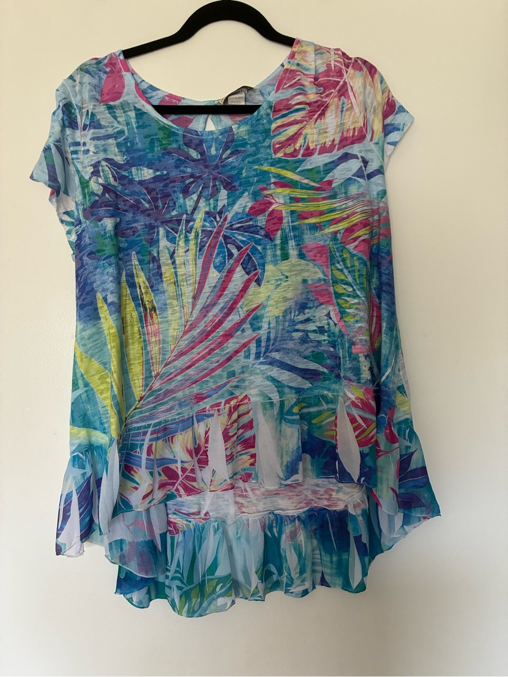 Tropical Print Flutter Sleeve Women's Top - Blue Multi